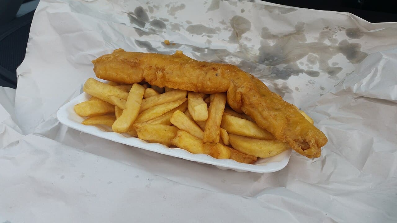 Source photograph of Fish and chips. Not official I Want Some Food pixel artwork.