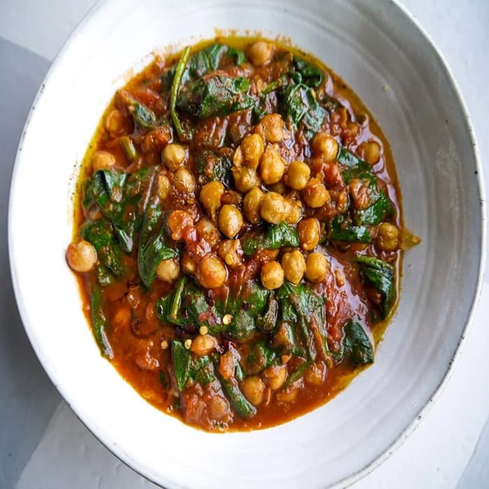 Source photograph of Chickpea, chorizo & spinach stew