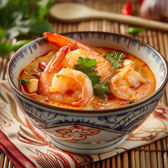Source photograph of Tom yum (hot & sour) soup with prawns
