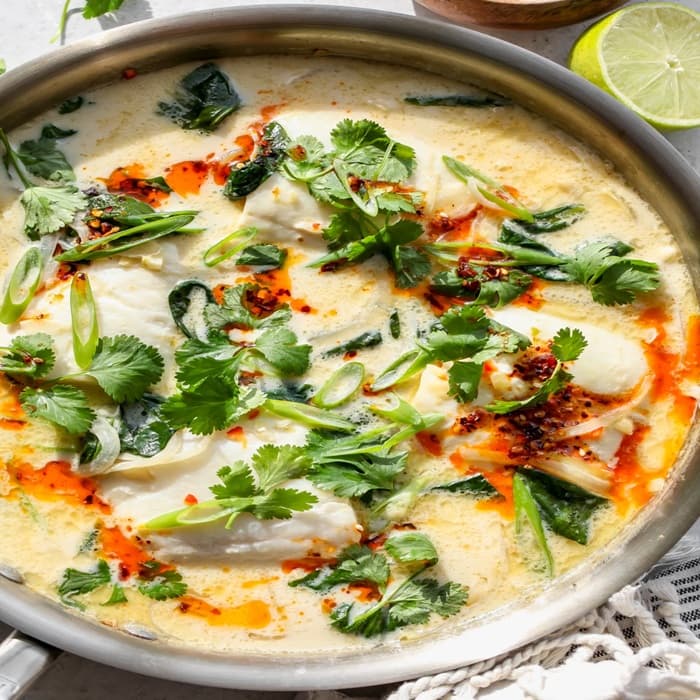 Source photograph of Thai-style fish broth with greens